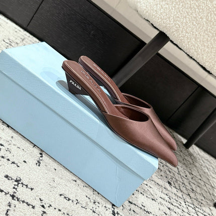 PRADA 25S POINTED-TOE MULES IN DARK BROWN SATIN