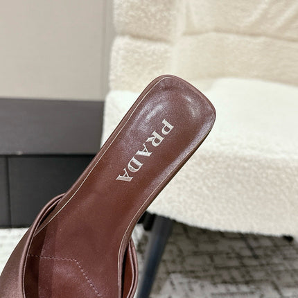 PRADA 25S POINTED-TOE MULES IN DARK BROWN SATIN