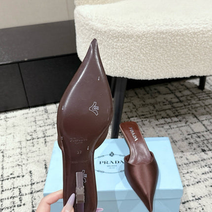 PRADA 25S POINTED-TOE MULES IN DARK BROWN SATIN