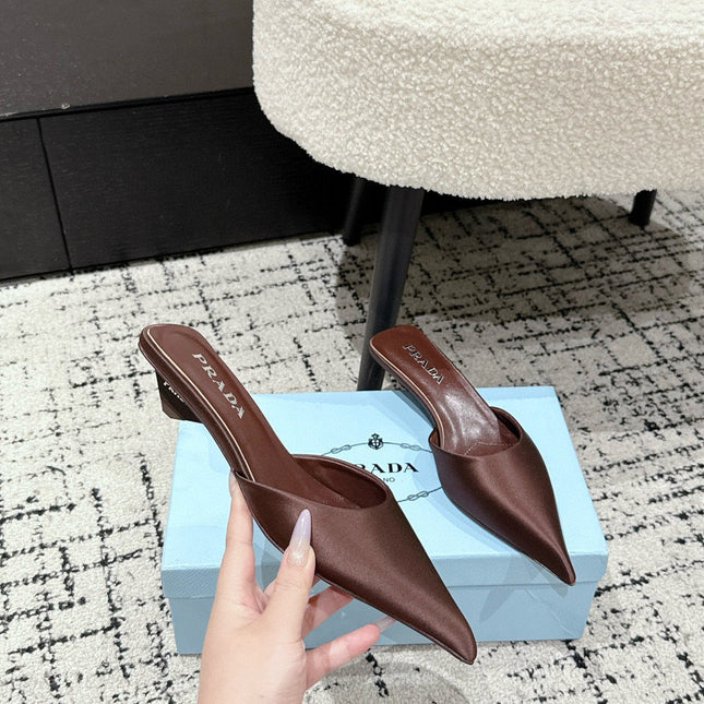 PRADA 25S POINTED-TOE MULES IN DARK BROWN SATIN