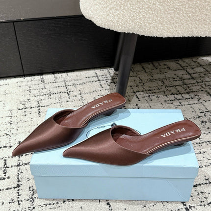 PRADA 25S POINTED-TOE MULES IN DARK BROWN SATIN