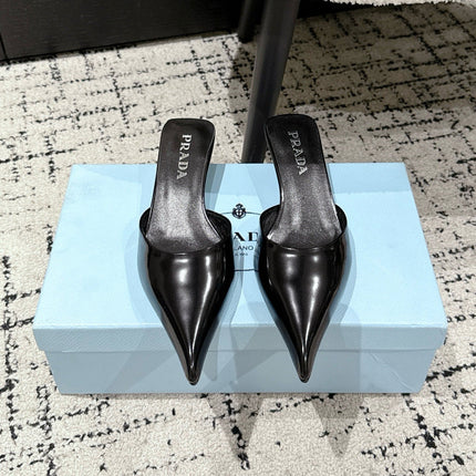 PRADA 25S POINTED-TOE MULES IN BLACK CALFSKIN
