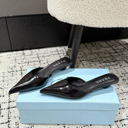 PRADA 25S POINTED-TOE MULES IN BLACK CALFSKIN