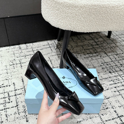 PRADA 25S SQUARE TOE HIGH HEELS IN BLACK PATENT CALFSKIN