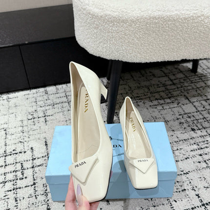 PRADA 25S SQUARE TOE HIGH HEELS IN IVORY GLOSSY CALFSKIN