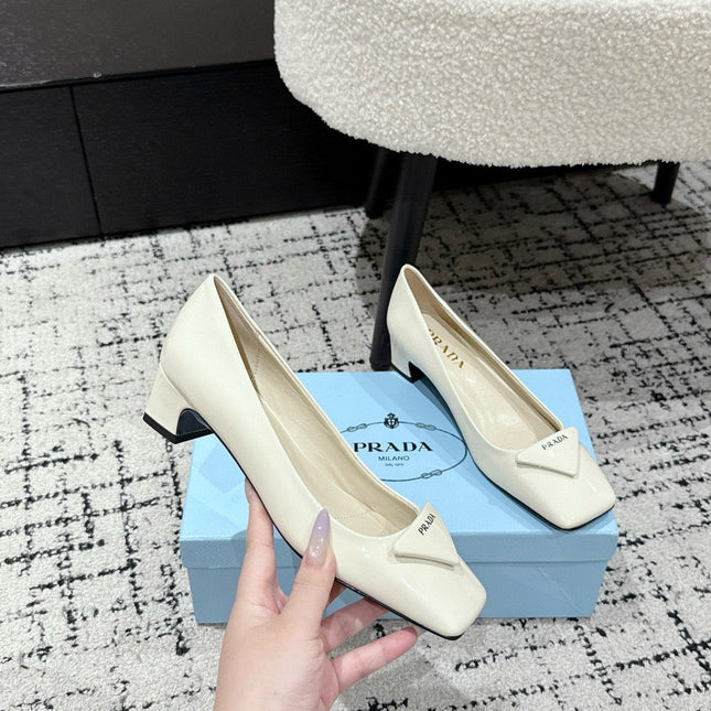 PRADA 25S SQUARE TOE HIGH HEELS IN IVORY GLOSSY CALFSKIN