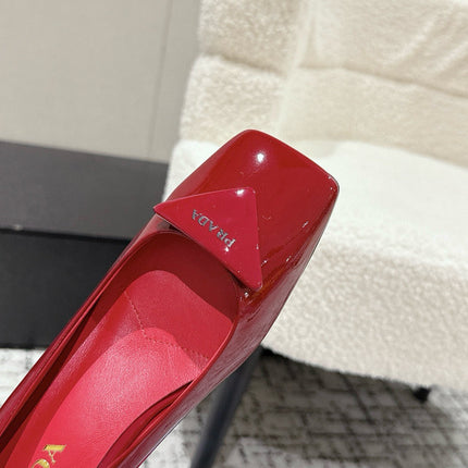 PRADA 25S SQUARE TOE HIGH HEELS IN DARK RED GLOSSY CALFSKIN