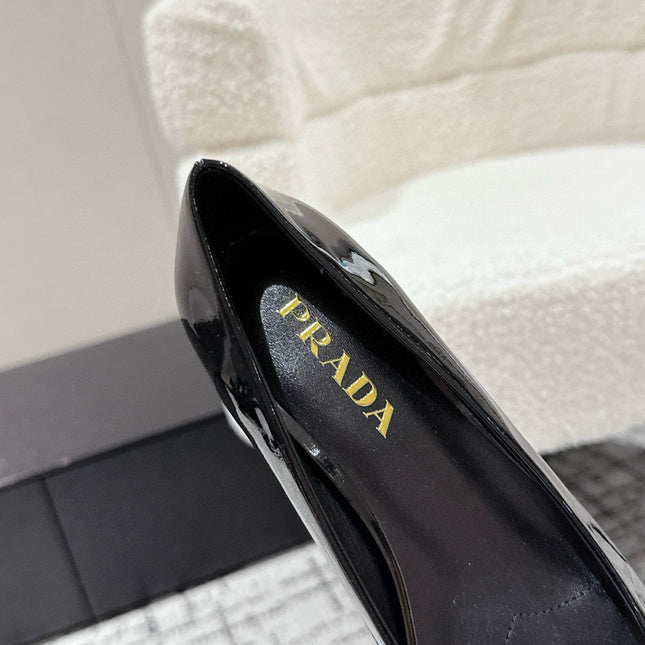 PRADA 25S SQUARE TOE HIGH HEELS IN BLACK GLOSSY CALFSKIN