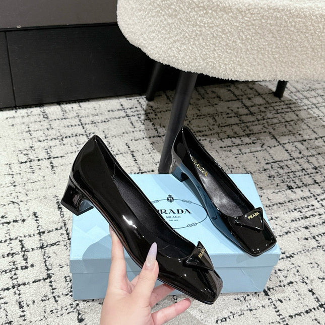 PRADA 25S SQUARE TOE HIGH HEELS IN BLACK GLOSSY CALFSKIN