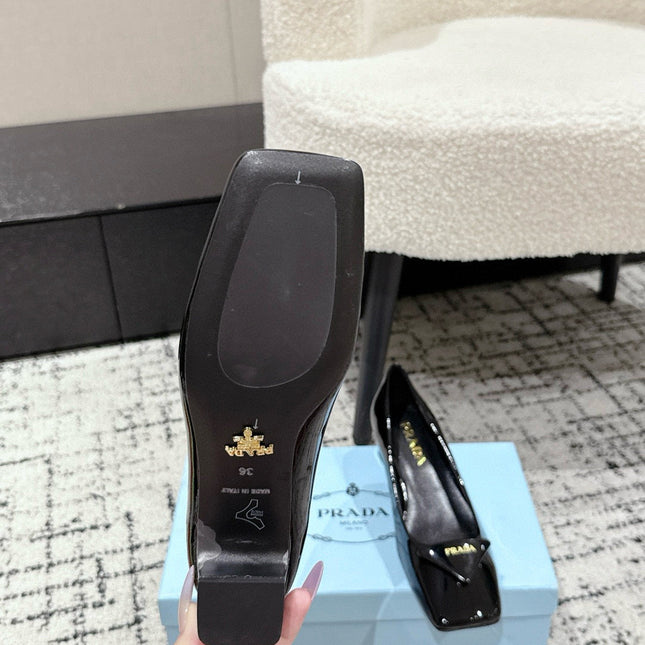 PRADA 25S SQUARE TOE HIGH HEELS IN BLACK GLOSSY CALFSKIN