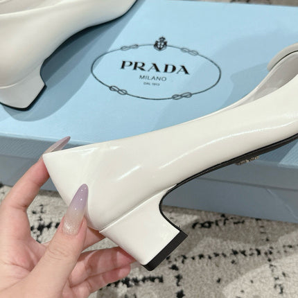PRADA 25S SQUARE TOE HIGH HEELS IN WHITE PATENT CALFSKIN