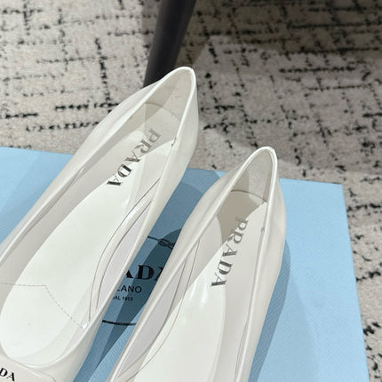 PRADA 25S SQUARE TOE HIGH HEELS IN WHITE PATENT CALFSKIN