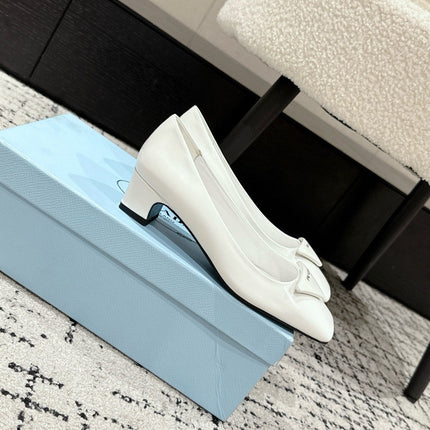 PRADA 25S SQUARE TOE HIGH HEELS IN WHITE PATENT CALFSKIN