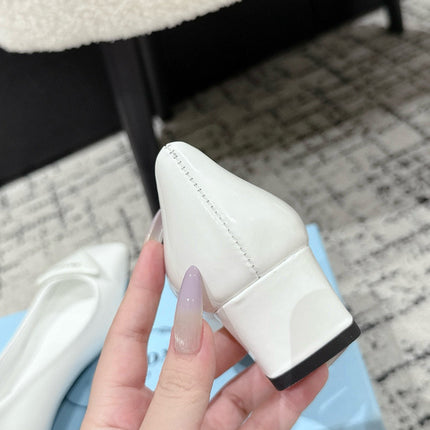 PRADA 25S SQUARE TOE HIGH HEELS IN WHITE PATENT CALFSKIN