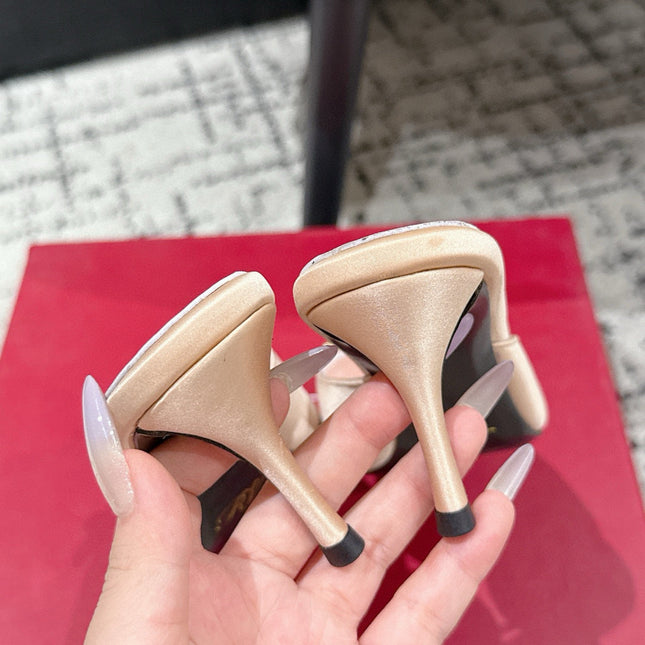 ROGER VIVIER 25S EFFLORESCENCE MULES 65MM IN GOLD SATIN EMBELLISHED CRYSTALS