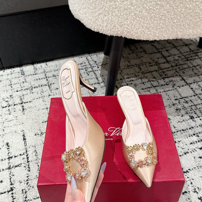 ROGER VIVIER 25S EFFLORESCENCE MULES 65MM IN GOLD SATIN EMBELLISHED CRYSTALS