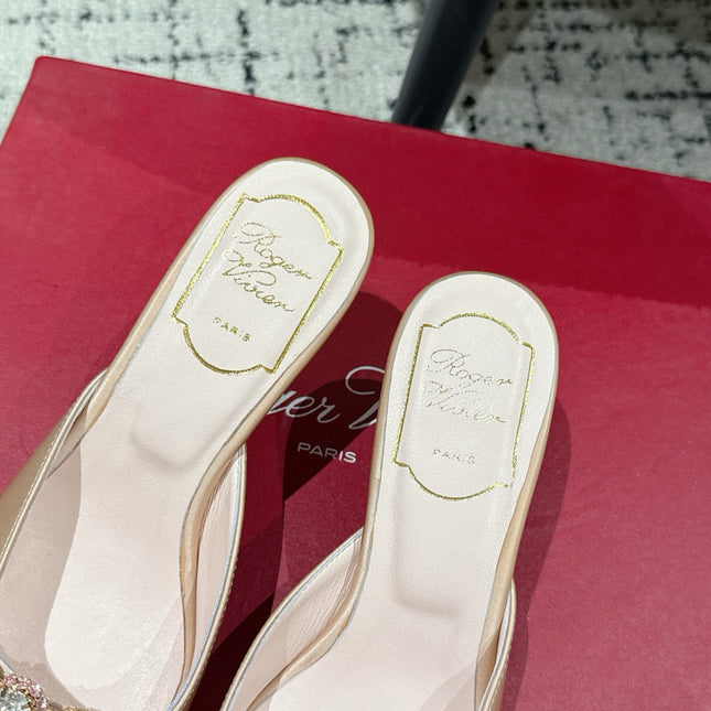 ROGER VIVIER 25S EFFLORESCENCE MULES 65MM IN GOLD SATIN EMBELLISHED CRYSTALS