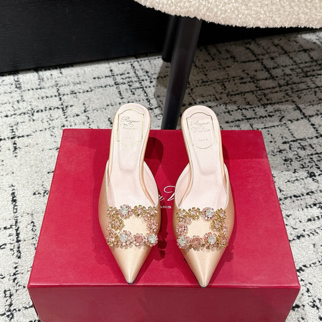 ROGER VIVIER 25S EFFLORESCENCE MULES 65MM IN GOLD SATIN EMBELLISHED CRYSTALS