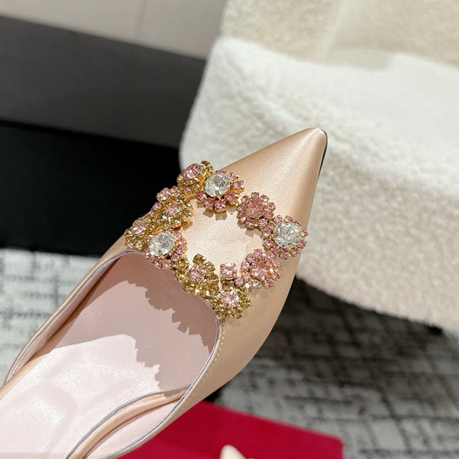 ROGER VIVIER 25S EFFLORESCENCE MULES 65MM IN GOLD SATIN EMBELLISHED CRYSTALS