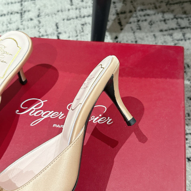 ROGER VIVIER 25S EFFLORESCENCE MULES 65MM IN GOLD SATIN EMBELLISHED CRYSTALS