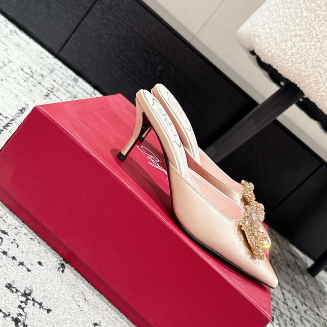 ROGER VIVIER 25S EFFLORESCENCE MULES 65MM IN GOLD SATIN EMBELLISHED CRYSTALS