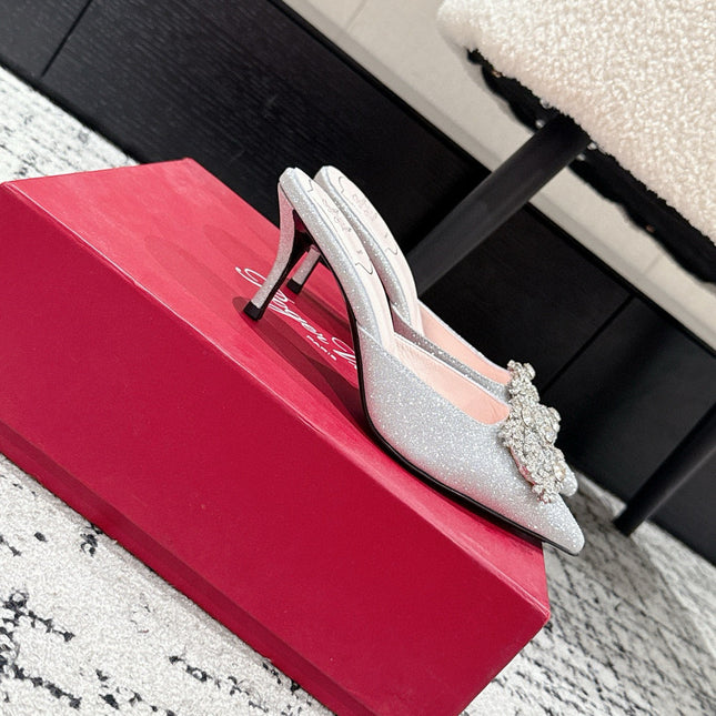 ROGER VIVIER 25S EFFLORESCENCE MULES 65MM IN BLING SILVER EMBELLISHED CRYSTALS