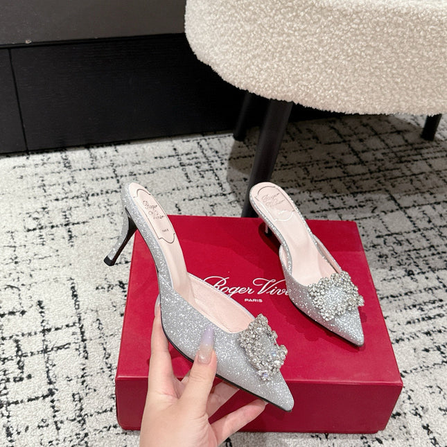 ROGER VIVIER 25S EFFLORESCENCE MULES 65MM IN BLING SILVER EMBELLISHED CRYSTALS