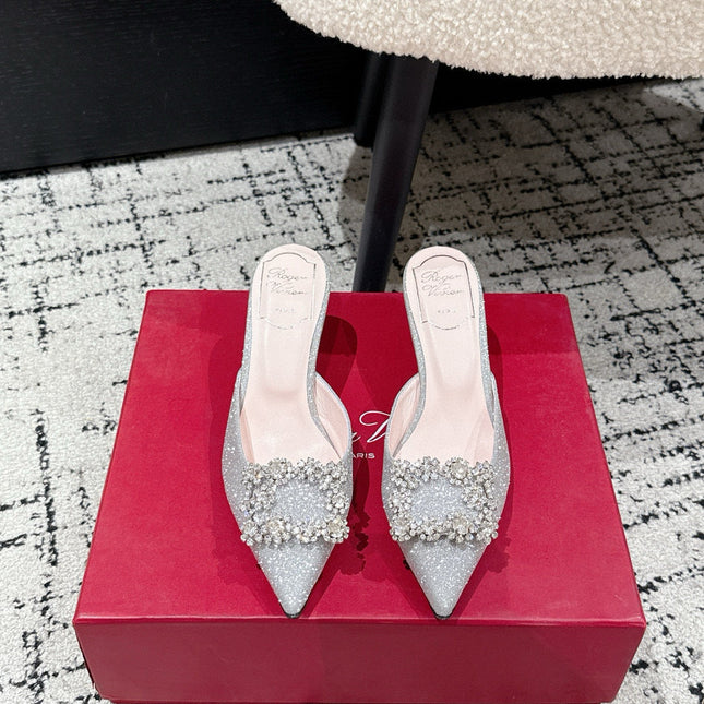 ROGER VIVIER 25S EFFLORESCENCE MULES 65MM IN BLING SILVER EMBELLISHED CRYSTALS