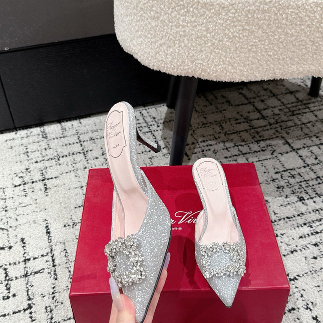 ROGER VIVIER 25S EFFLORESCENCE MULES 65MM IN BLING SILVER EMBELLISHED CRYSTALS