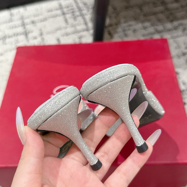 ROGER VIVIER 25S EFFLORESCENCE MULES 65MM IN BLING SILVER EMBELLISHED CRYSTALS