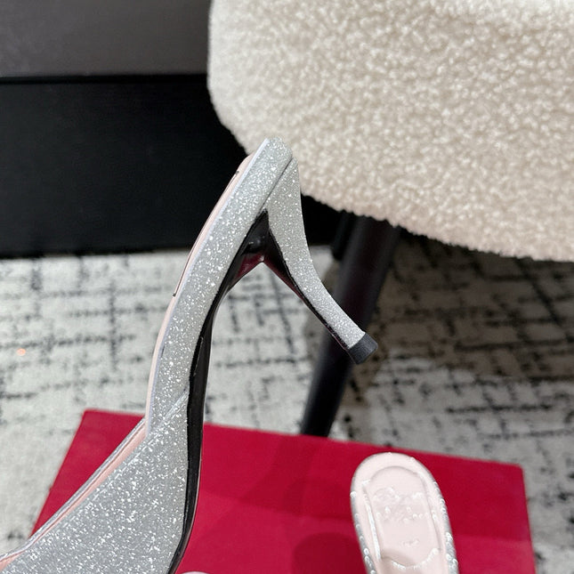 ROGER VIVIER 25S EFFLORESCENCE MULES 65MM IN BLING SILVER EMBELLISHED CRYSTALS