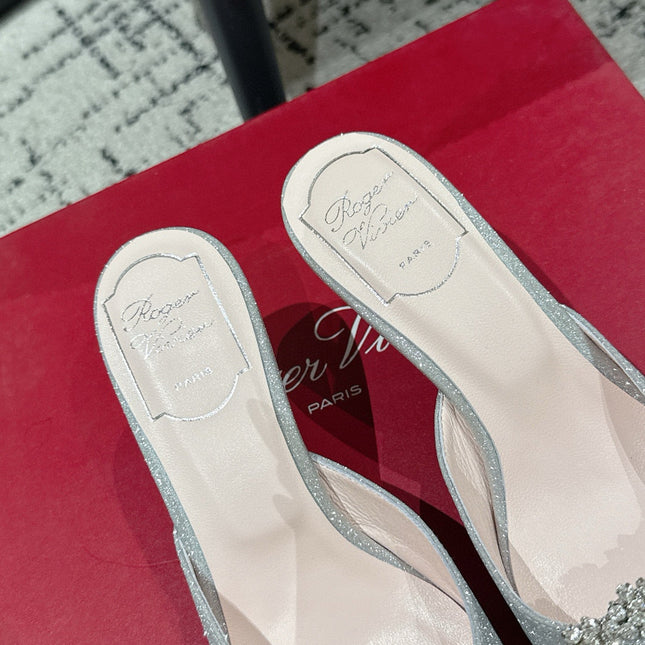 ROGER VIVIER 25S EFFLORESCENCE MULES 65MM IN BLING SILVER EMBELLISHED CRYSTALS