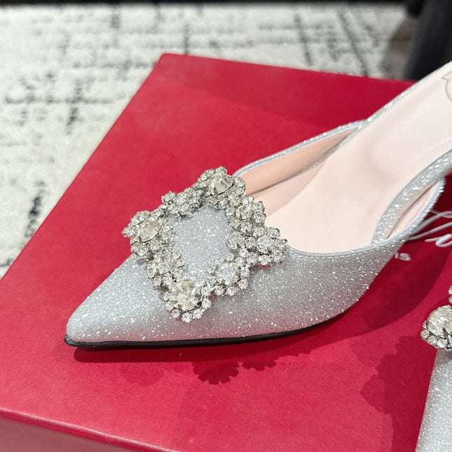 ROGER VIVIER 25S EFFLORESCENCE MULES 65MM IN BLING SILVER EMBELLISHED CRYSTALS