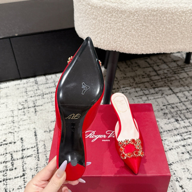 ROGER VIVIER 25S EFFLORESCENCE MULES 65MM IN BRIGHT RED SATIN EMBELLISHED CRYSTALS