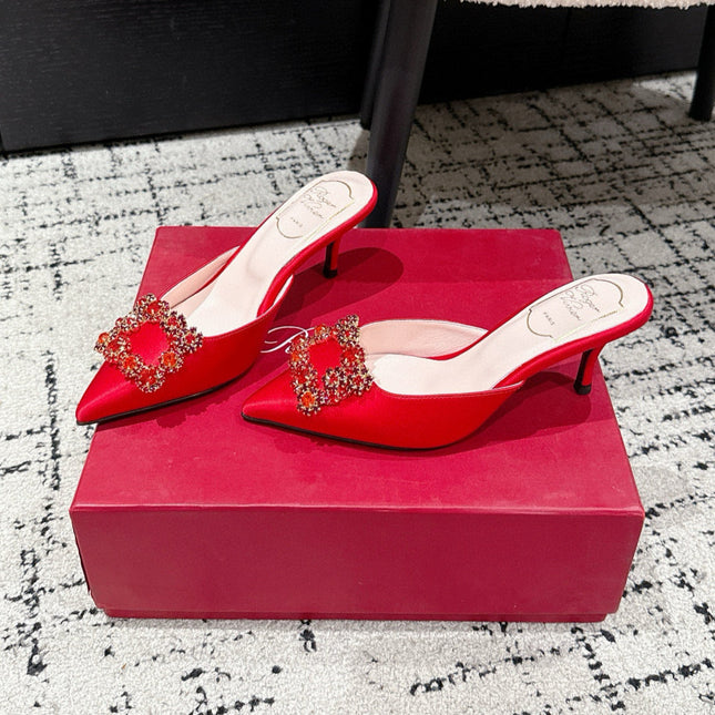 ROGER VIVIER 25S EFFLORESCENCE MULES 65MM IN BRIGHT RED SATIN EMBELLISHED CRYSTALS