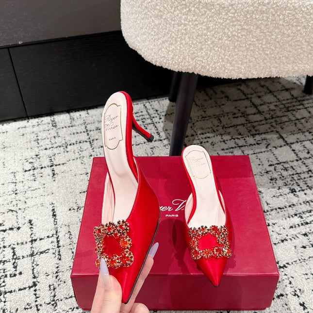 ROGER VIVIER 25S EFFLORESCENCE MULES 65MM IN BRIGHT RED SATIN EMBELLISHED CRYSTALS