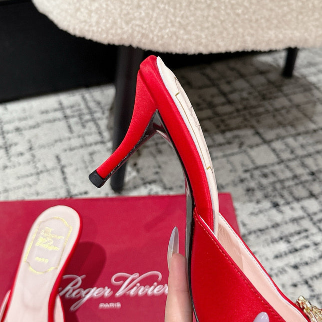 ROGER VIVIER 25S EFFLORESCENCE MULES 65MM IN BRIGHT RED SATIN EMBELLISHED CRYSTALS
