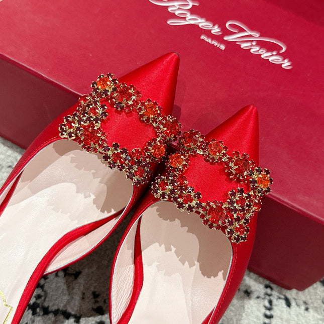 ROGER VIVIER 25S EFFLORESCENCE MULES 65MM IN BRIGHT RED SATIN EMBELLISHED CRYSTALS