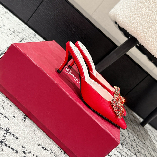 ROGER VIVIER 25S EFFLORESCENCE MULES 65MM IN BRIGHT RED SATIN EMBELLISHED CRYSTALS