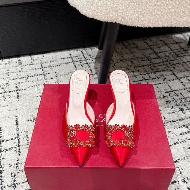 ROGER VIVIER 25S EFFLORESCENCE MULES 65MM IN BRIGHT RED SATIN EMBELLISHED CRYSTALS