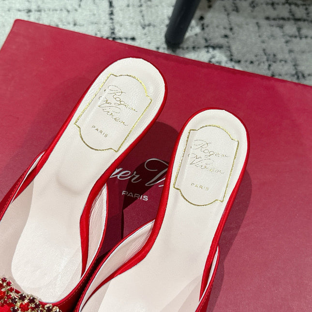 ROGER VIVIER 25S EFFLORESCENCE MULES 65MM IN BRIGHT RED SATIN EMBELLISHED CRYSTALS