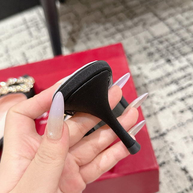 ROGER VIVIER 25S EFFLORESCENCE MULES 65MM IN BLACK SATIN EMBELLISHED CRYSTALS