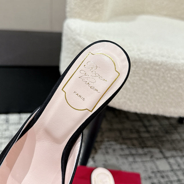ROGER VIVIER 25S EFFLORESCENCE MULES 65MM IN BLACK SATIN EMBELLISHED CRYSTALS