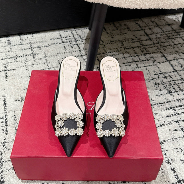 ROGER VIVIER 25S EFFLORESCENCE MULES 65MM IN BLACK SATIN EMBELLISHED CRYSTALS