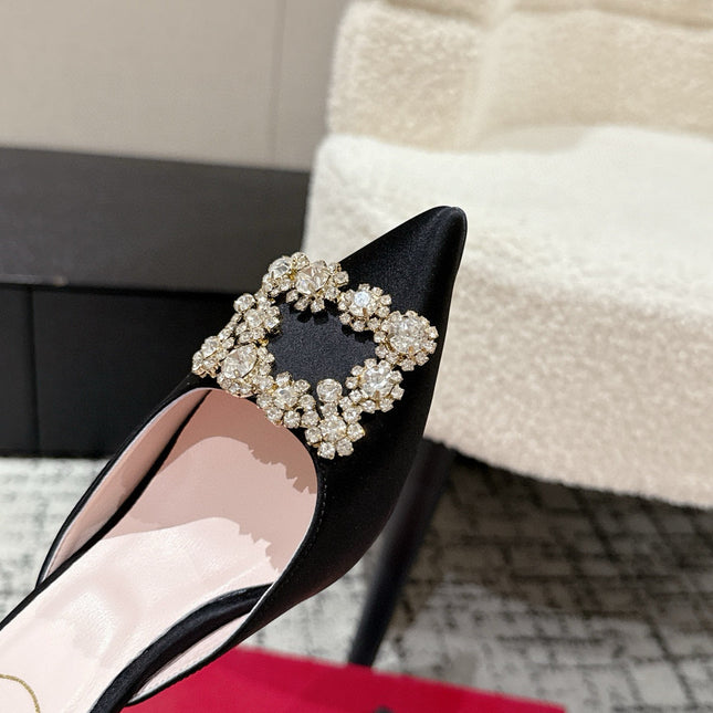 ROGER VIVIER 25S EFFLORESCENCE MULES 65MM IN BLACK SATIN EMBELLISHED CRYSTALS