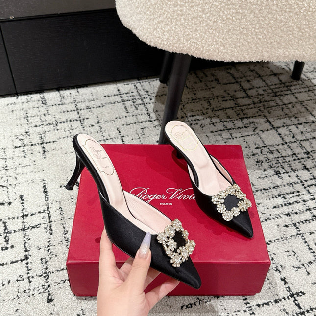 ROGER VIVIER 25S EFFLORESCENCE MULES 65MM IN BLACK SATIN EMBELLISHED CRYSTALS