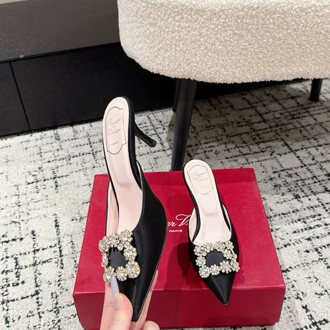 ROGER VIVIER 25S EFFLORESCENCE MULES 65MM IN BLACK SATIN EMBELLISHED CRYSTALS