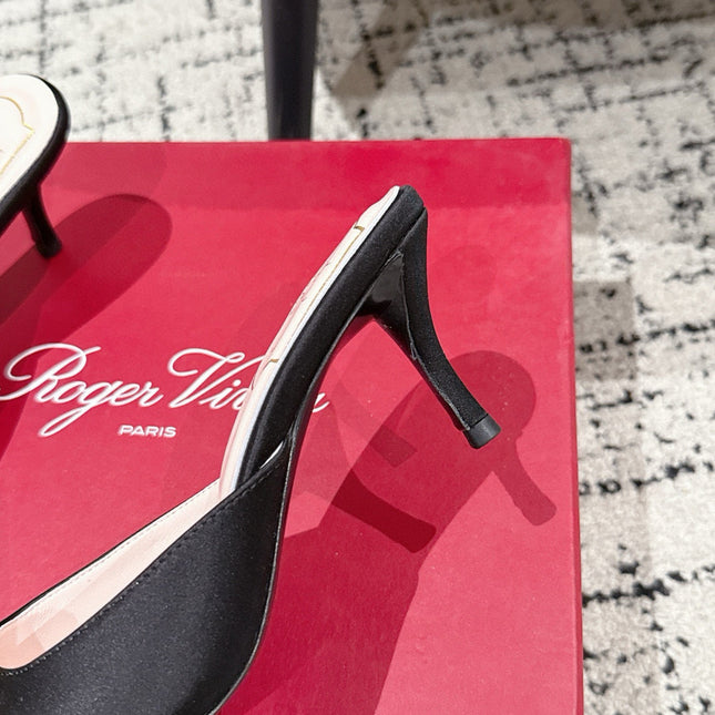 ROGER VIVIER 25S EFFLORESCENCE MULES 65MM IN BLACK SATIN EMBELLISHED CRYSTALS