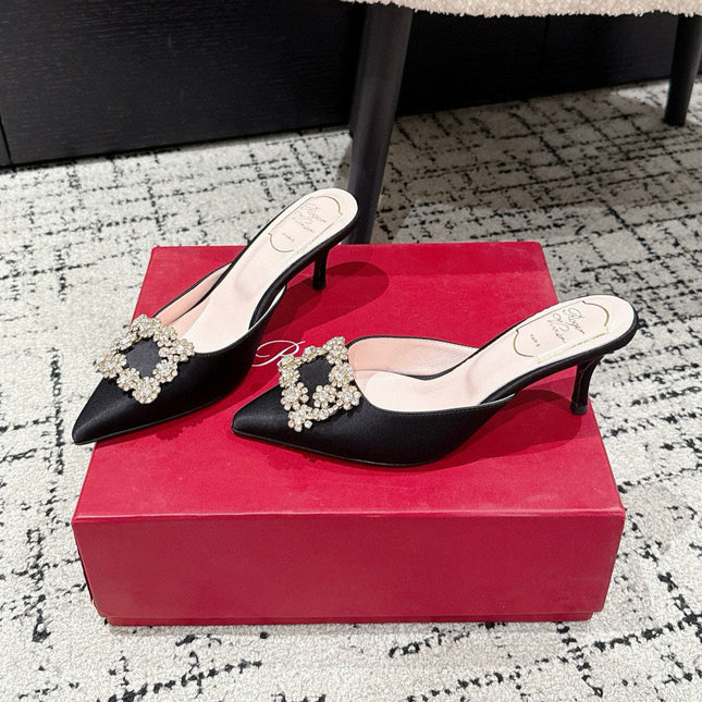 ROGER VIVIER 25S EFFLORESCENCE MULES 65MM IN BLACK SATIN EMBELLISHED CRYSTALS