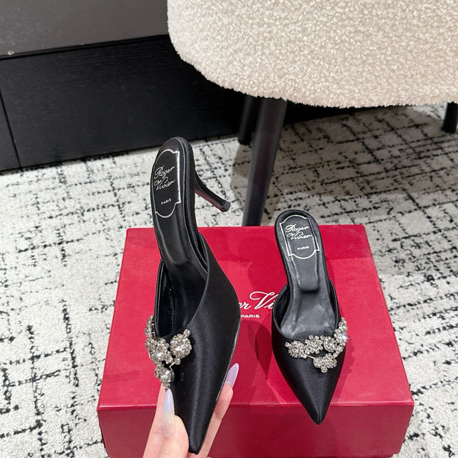 ROGER VIVIER 25S POINTED TOE HEELED MULES 65MM IN BLACK SATIN EMBELLISHED CRYSTALS